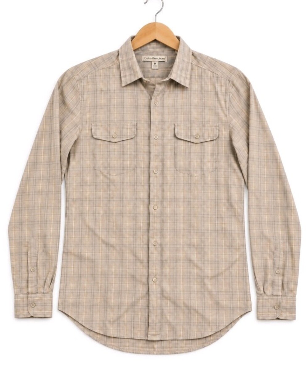 Calvin Klein Jeans Men’s Medium Plaid Button Down Shirt Beige Gray Long Sleeve